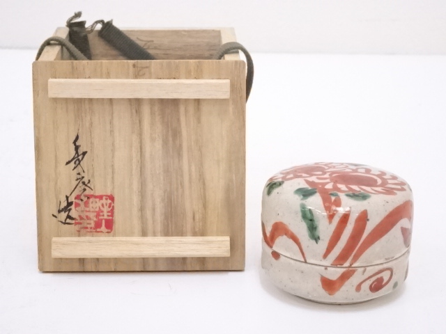 野上秀磨造　赤絵花文香合